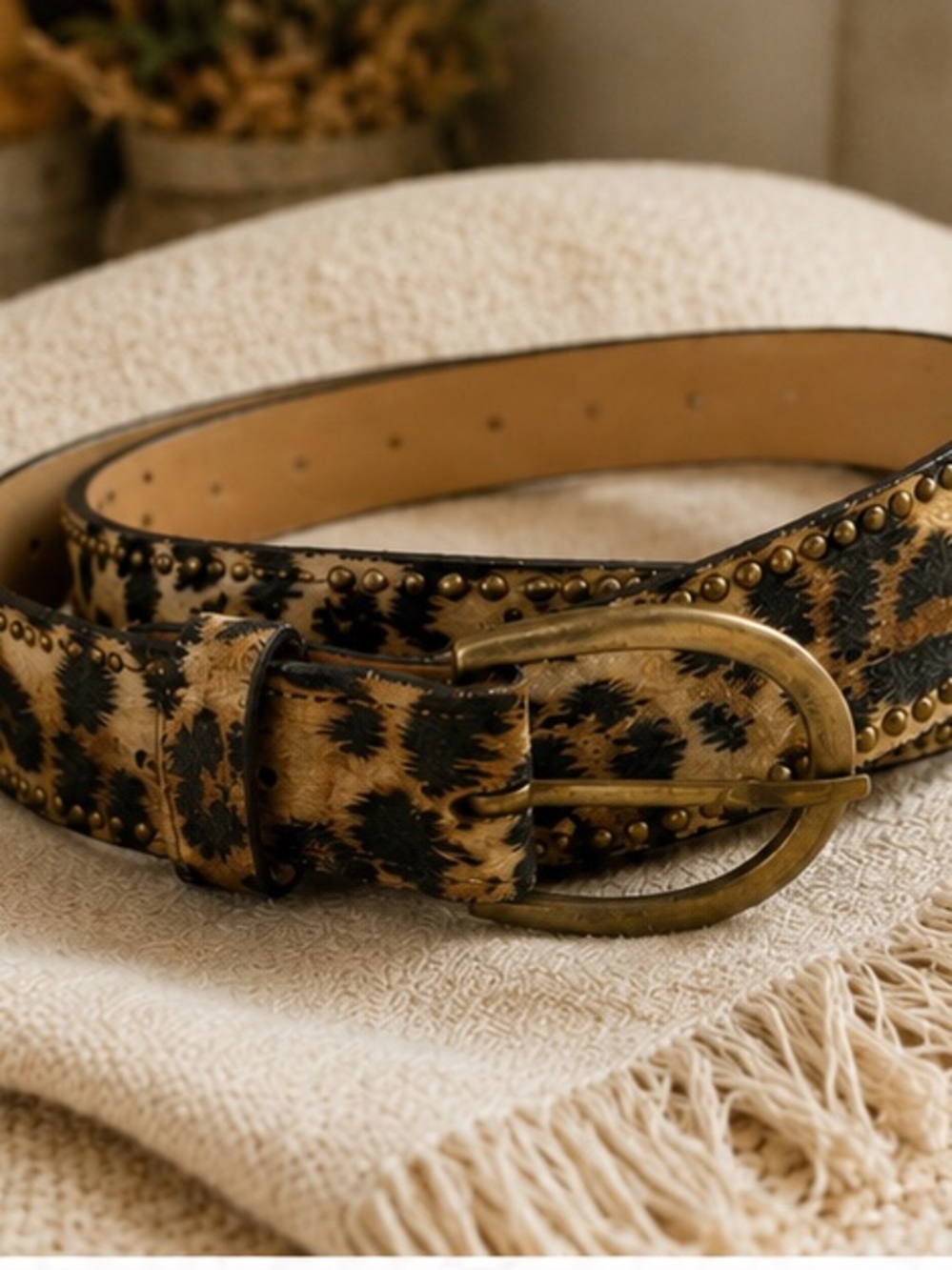 NWT Luxe Leopard Print Faux Leather Belt Antique Gold Studded Buckle